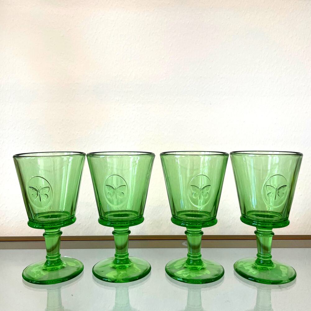 La Rochere France Papillon BUTTERFLY Green Goblets Set of 4 Wine Glasses NEW